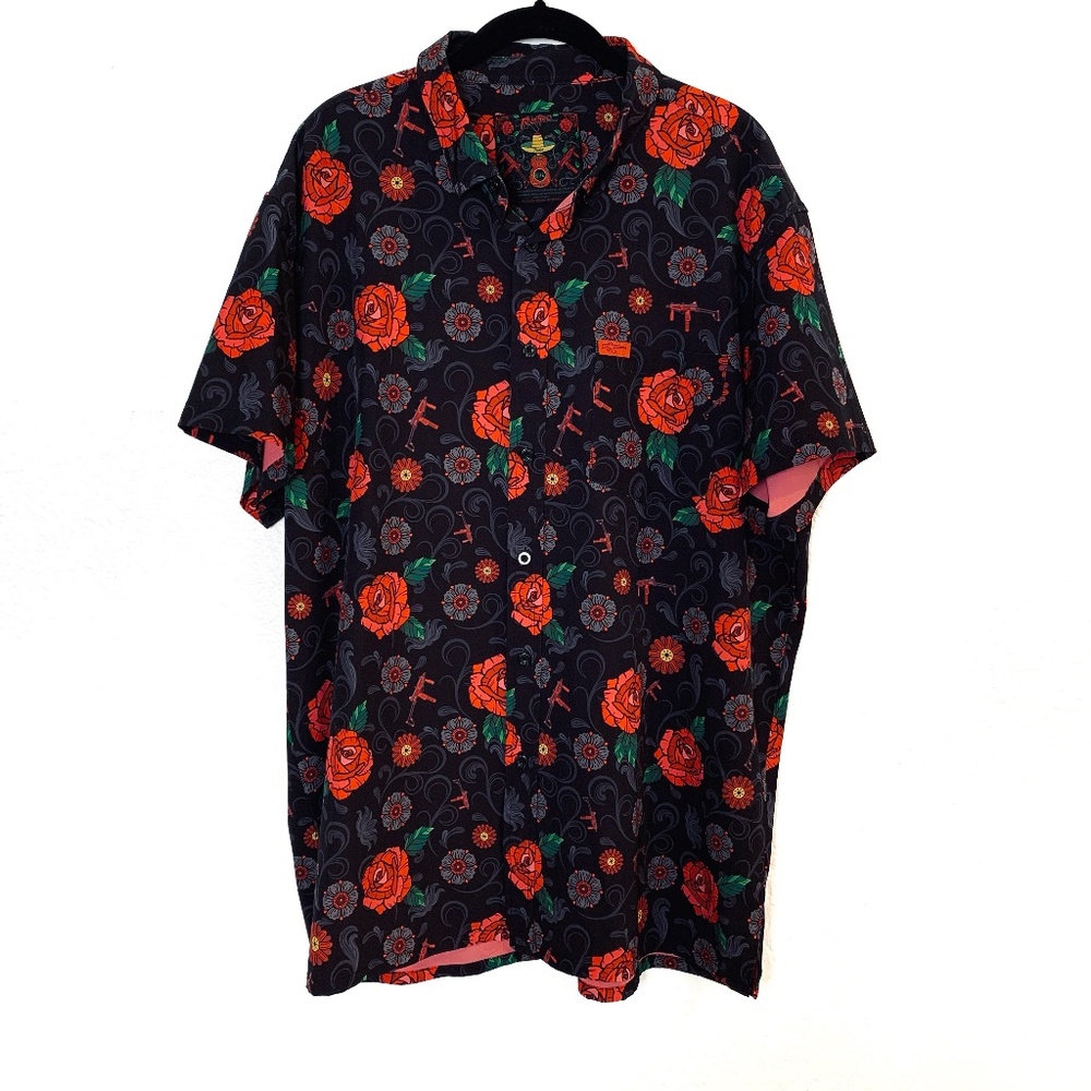 Retro Rifle Fiesta Button Up Shirt Mens 2XL Black Short Sleeve Red Roses Novelty